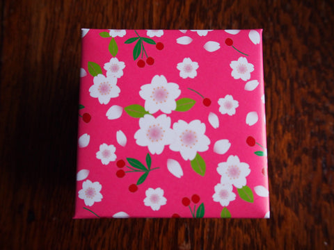 Pink and green cherry blossom origami gift box with lid