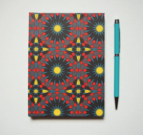 Arabian geometric hand-bound journals in A6 size with coptic stitch binding in 3 colours