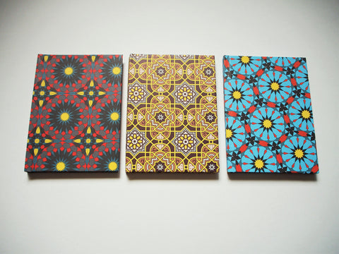 Arabian geometric hand-bound journals in A6 size with coptic stitch binding in 3 colours