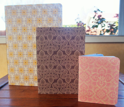 Hand-bound notebooks with pretty double-sided covers--set of 3 in various sizes