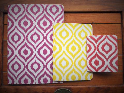 Ikat design hand-bound notebooks--set of 3 in various sizes (purple, yellow and red)
