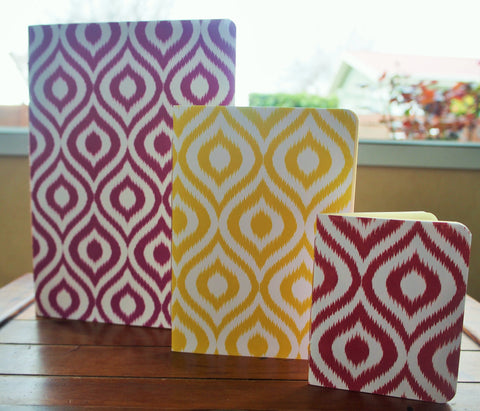 Ikat design hand-bound notebooks--set of 3 in various sizes (purple, yellow and red)