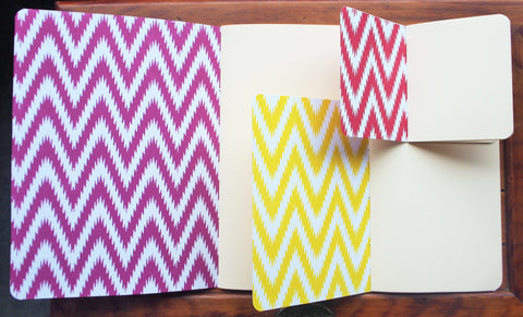 Ikat design hand-bound notebooks--set of 3 in various sizes (purple, yellow and red)