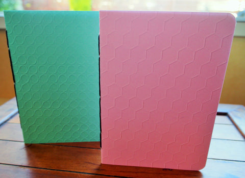 Turquoise and pastel pink embossed hand-bound notebooks--set of 2