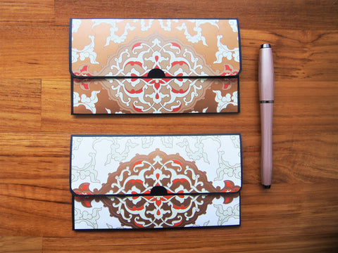 Intricate medallion money envelopes in luxurious white and gold--set of 2 on black cardstock