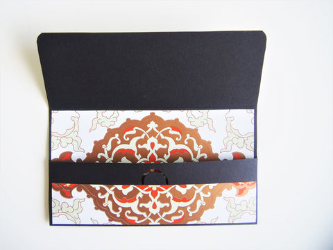 Intricate medallion money envelopes in luxurious white and gold--set of 2 on black cardstock