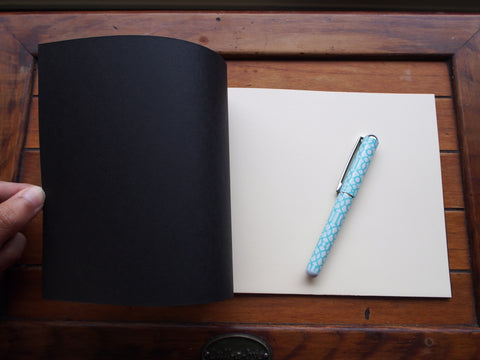 Japanese stab binding notebooks with unique hand-bound decorative designs: Arrows, Hearts, Chevron