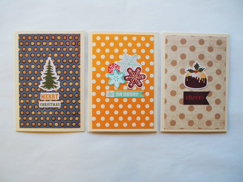 Christmas card sets--3 contemporary cards with pretty polka-dot backgrounds in assorted colours