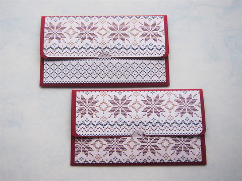 Christmas winter knits design money envelopes on red cardstock--set of 2