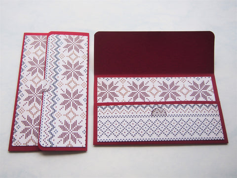 Christmas winter knits design money envelopes on red cardstock--set of 2