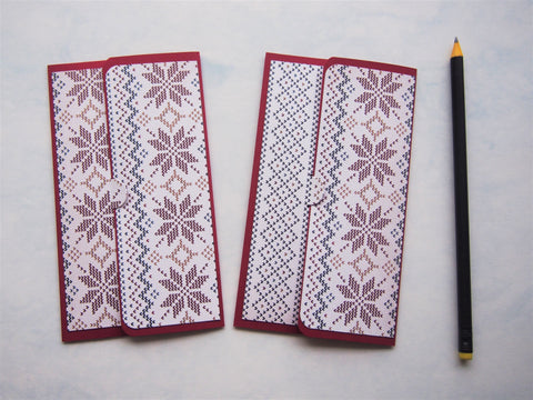 Christmas winter knits design money envelopes on red cardstock--set of 2