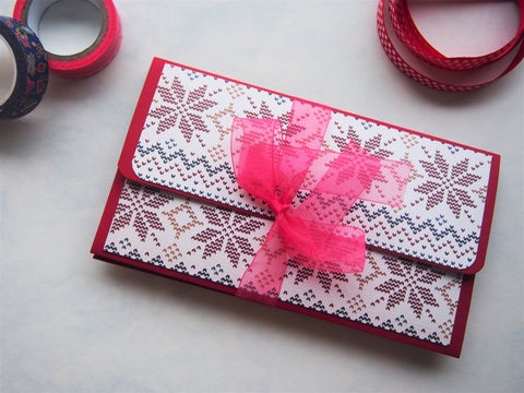 Christmas winter knits design money envelopes on red cardstock--set of 2
