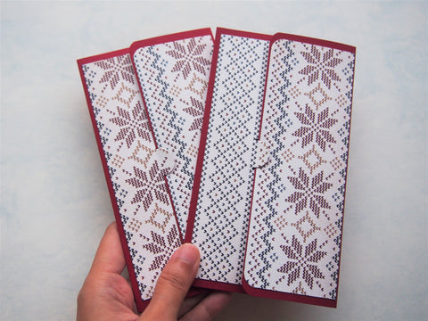 Christmas winter knits design money envelopes on red cardstock--set of 2