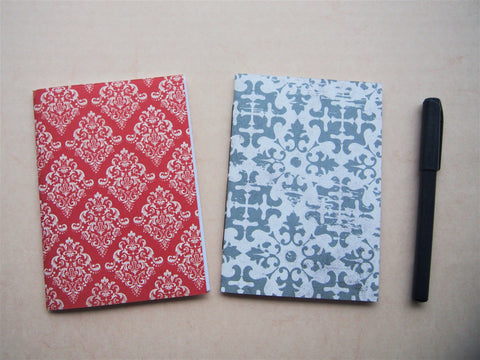 Intricate arabesque handbound notebooks with double-sided covers--set of 2 in A6 size in red and grey