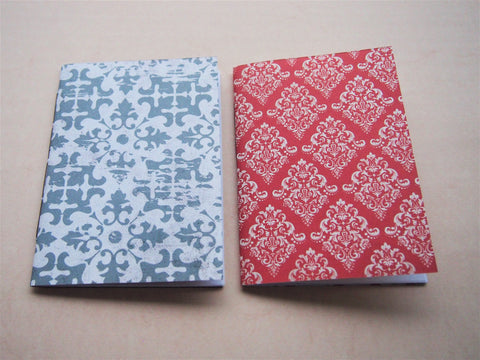 Intricate arabesque handbound notebooks with double-sided covers--set of 2 in A6 size in red and grey