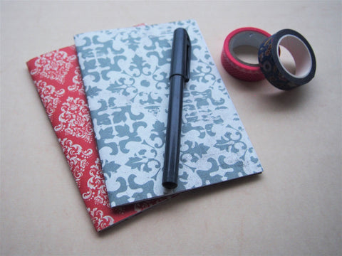Intricate arabesque handbound notebooks with double-sided covers--set of 2 in A6 size in red and grey