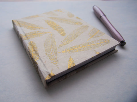 Embossed gold feathers Lokta paper hardcover journals with blank white pages