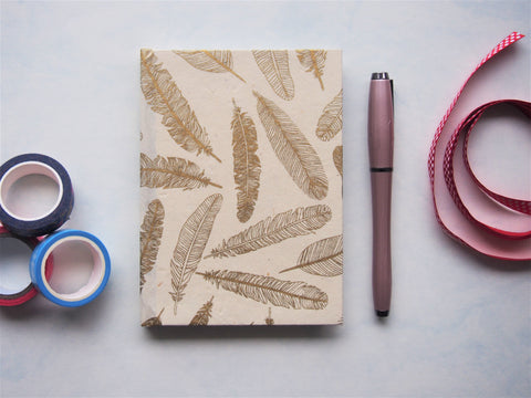 Embossed gold feathers Lokta paper hardcover journals with blank white pages