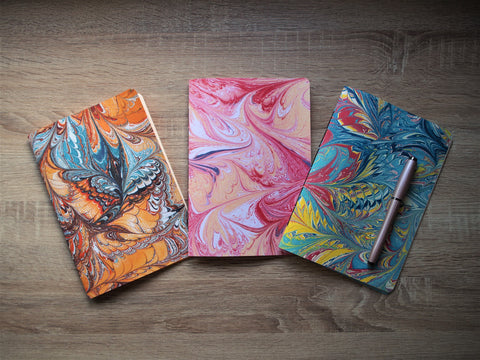 Notebooks with colourful marbled covers—Christmas gift set of 2 (choose from 3 colours: blue, orange or pink)