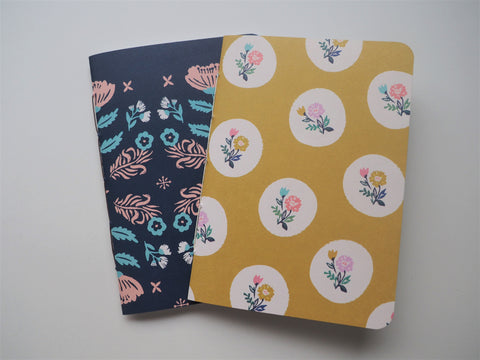 Nordic-style flowers on olive and dark blue--set of 2 notebooks for Christmas