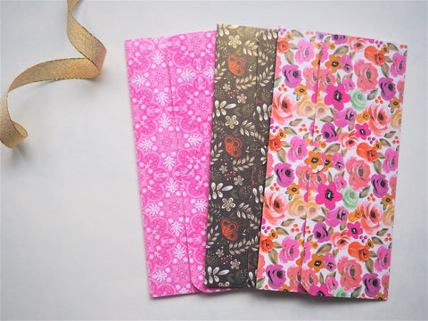 Bright pink and dark gold long money envelopes--set of 3, Christmas, birthdays, weddings, gift for her