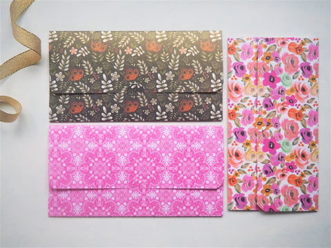 Bright pink and dark gold long money envelopes--set of 3, Christmas, birthdays, weddings, gift for her