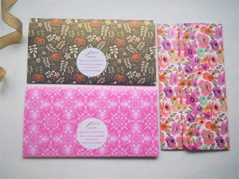 Bright pink and dark gold long money envelopes--set of 3, Christmas, birthdays, weddings, gift for her