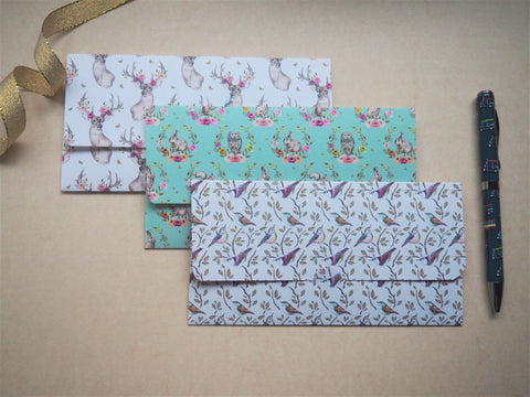 Woodland creatures long money envelopes--set of 3, Christmas, birthdays, gift for her