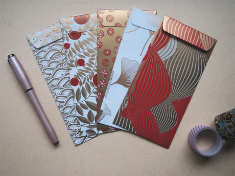 Red, gold and white festive money envelopes for Christmas--set of 5 in jumbo size