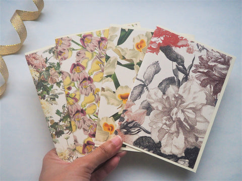 Mixed florals card set--set of 4 blank handmade cards in different designs, with matching lined envelopes