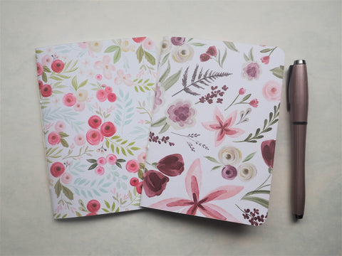 Elegant purple and pink florals on white--set of 2 handbound notebooks for Christmas