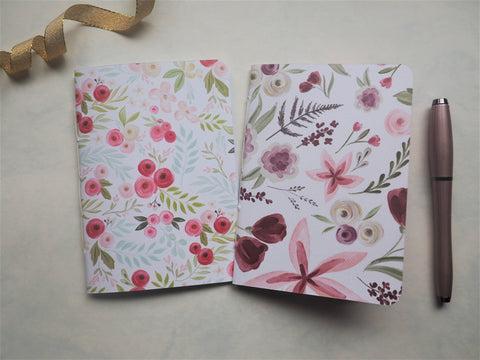 Elegant purple and pink florals on white--set of 2 handbound notebooks for Christmas