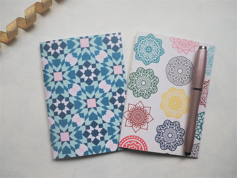 Blue mosaics and colourful mandalas--set of 2 handbound notebooks for Christmas and birthdays