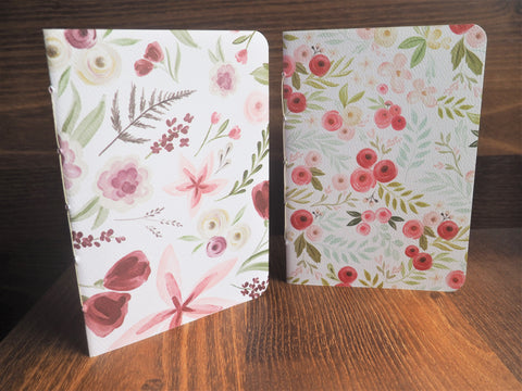 Elegant purple and pink florals on white--set of 2 handbound notebooks for Christmas