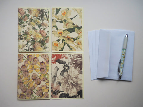 Mixed florals card set--set of 4 blank handmade cards in different designs, with matching lined envelopes