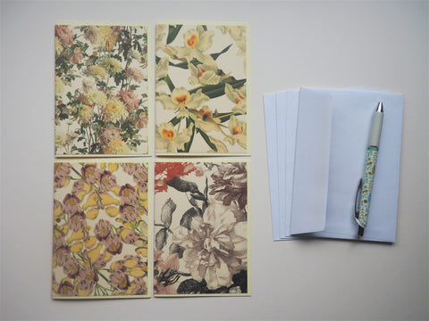 Mixed florals card set--set of 4 blank handmade cards in different designs, with matching lined envelopes