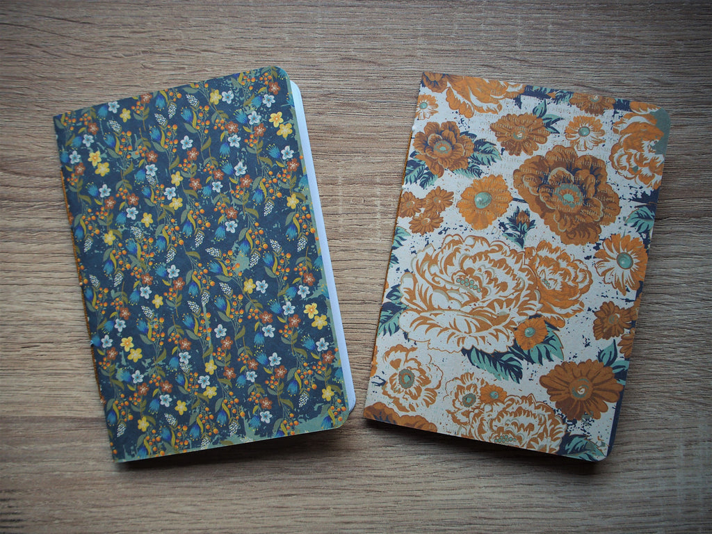 Rustic botanical notebooks with double-sided covers in blue and ochre--set of 2