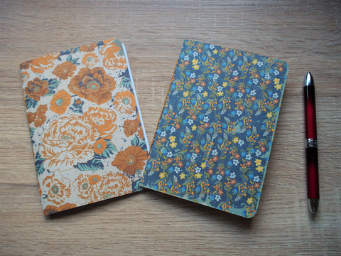 Rustic botanical notebooks with double-sided covers in blue and ochre--set of 2