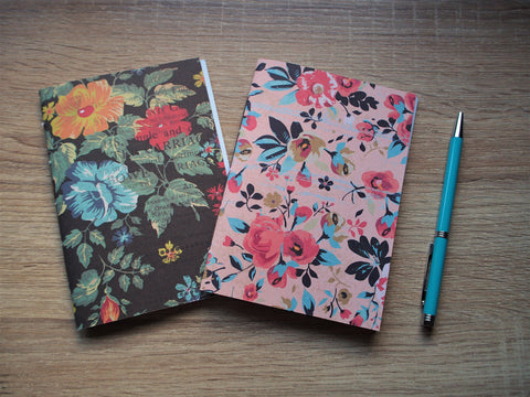 Pretty floral notebooks in pink and black with double-sided designer covers--set of 2