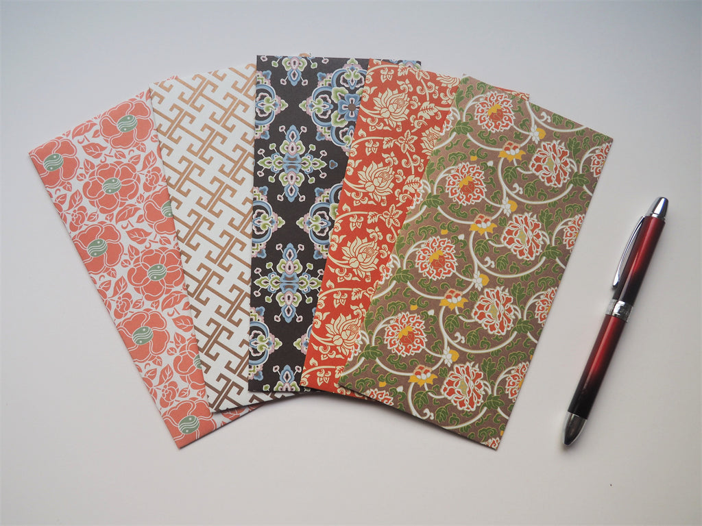 Chinese red peonies and abstract motifs money envelopes--set of 5 in jumbo design for Lunar New Year