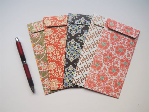 Chinese red peonies and abstract motifs money envelopes--set of 5 in jumbo design for Lunar New Year