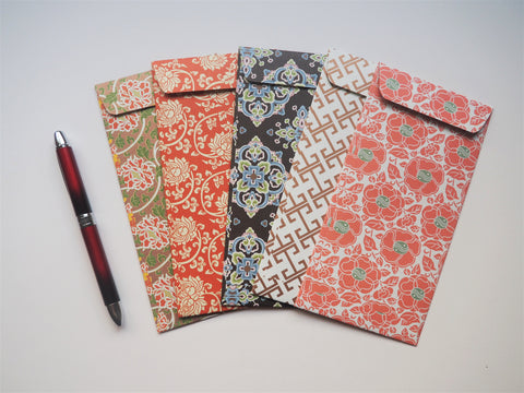 Chinese red peonies and abstract motifs money envelopes--set of 5 in jumbo design for Lunar New Year
