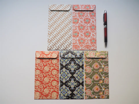 Chinese red peonies and abstract motifs money envelopes--set of 5 in jumbo design for Lunar New Year
