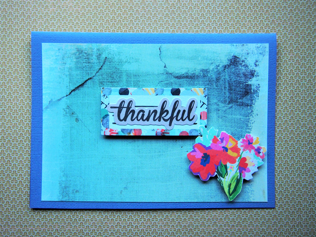 Thankful card in blue with floral bouquet, for work colleagues, for bosses