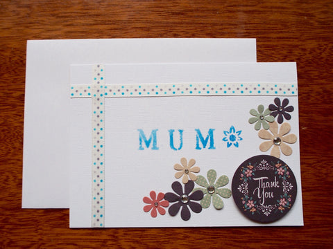 White and blue 'Thank You' stenciled Mother's Day card with flowers and pearls