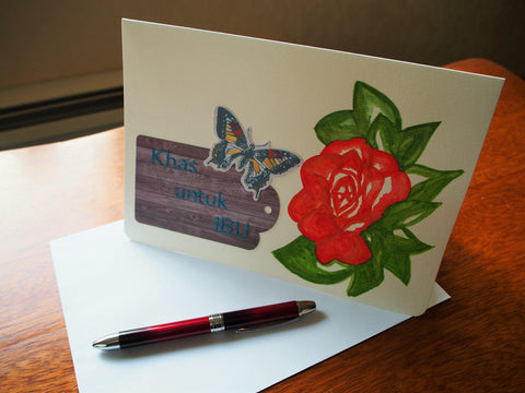 Hand-painted in water colour Mother's Day card in Malay: Khas untuk ibu
