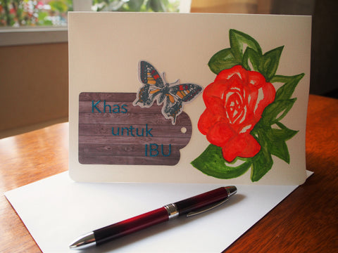 Hand-painted in water colour Mother's Day card in Malay: Khas untuk ibu