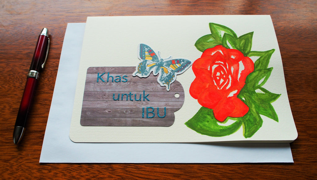 Hand-painted in water colour Mother's Day card in Malay: Khas untuk ibu