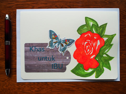 Hand-painted in water colour Mother's Day card in Malay: Khas untuk ibu